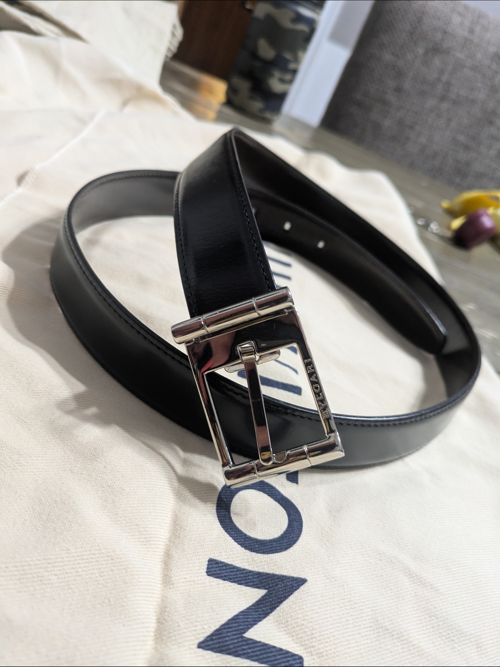 Men's Bulgari Black Leather Belt with Silver Buckle
